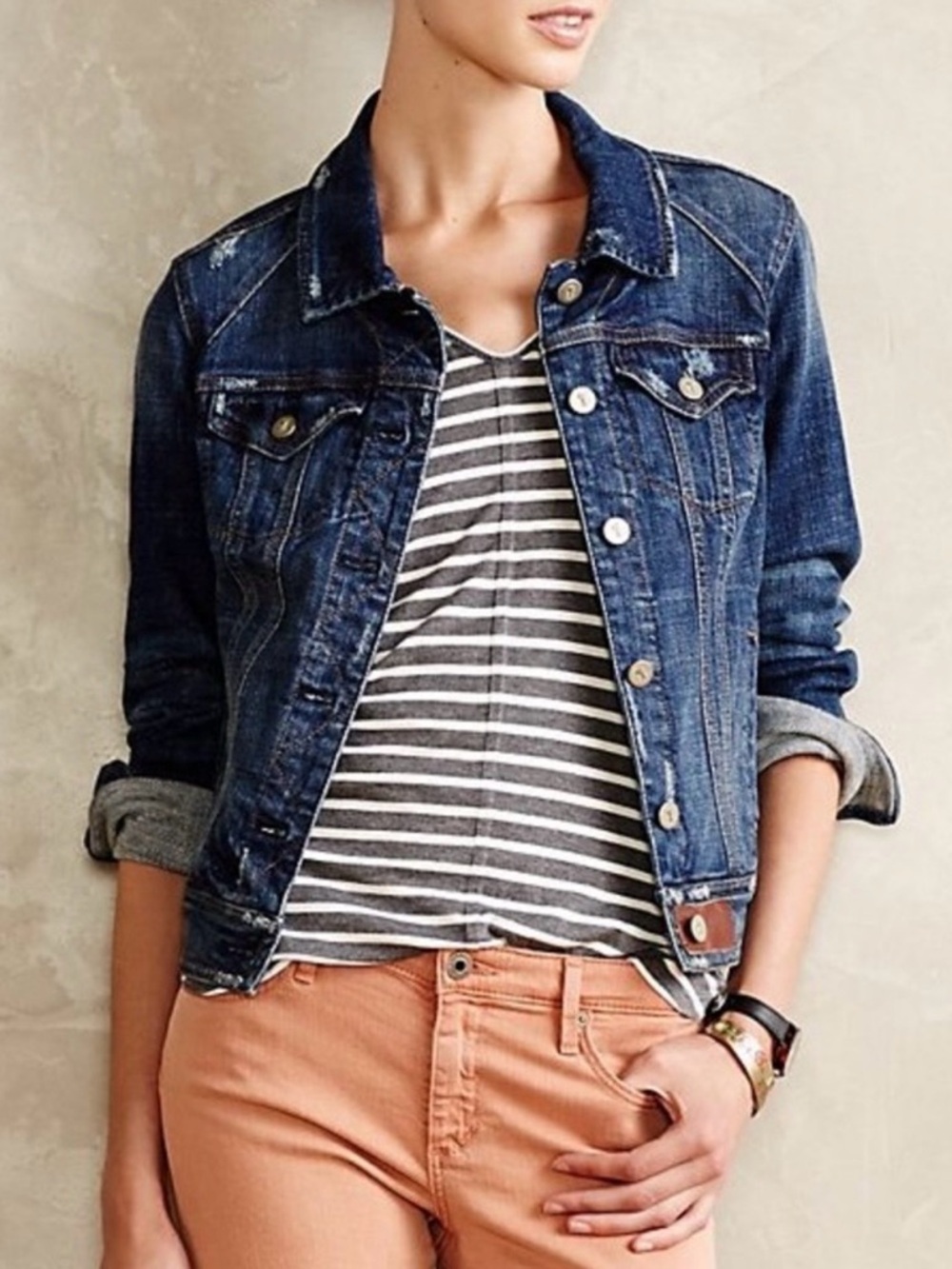 Anthropologie Pilcro‎ AVIE Classic Denim Trucker Jacket Leather Detail Size XS